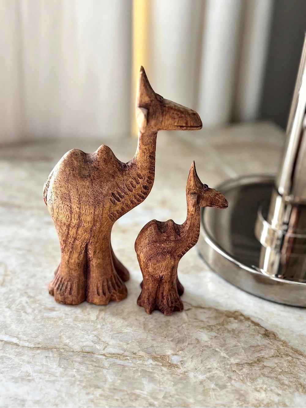 Hand-Carved Wooden Camel Pair | Primitive Folk Art Animal Sculptures | Vintage N